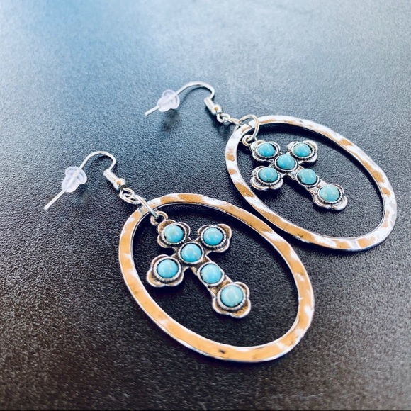 Hammered Silver Oval Turquoise Cross Earrings - Picture 2 of 7